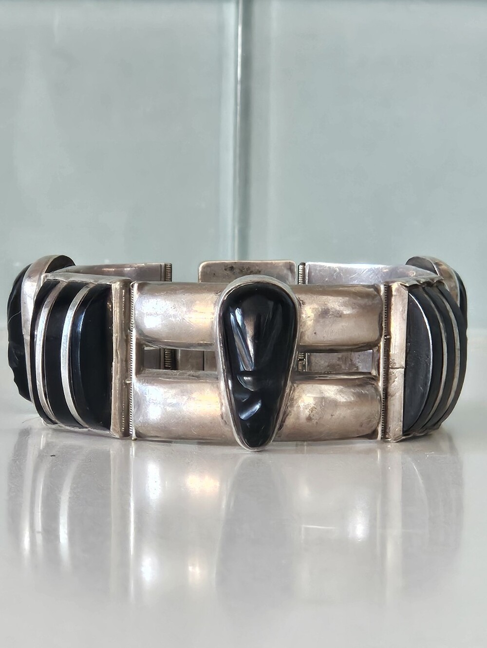 Chunky Vintage Taxco Southwestern Sterling Silver Black Onyx Link Bracelet